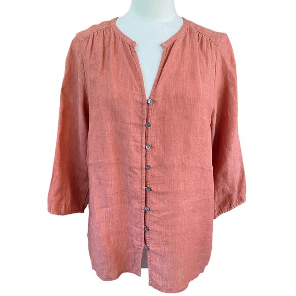 Pure J Jill Linen Button Front Shirt Long Sleeve Rust Countryside Lagenlook Sz M - Picture 1 of 16